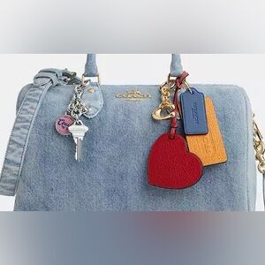 ✨ Coach charm set from Denim Rowan bag ✨ bottle cap • luggage tags • heart charm